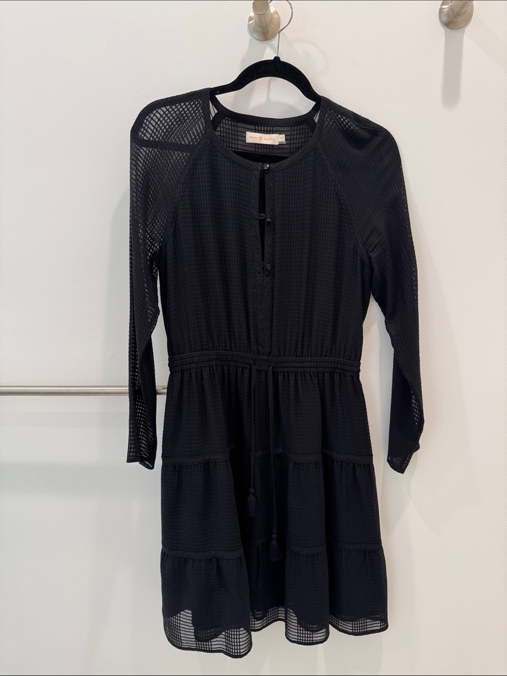Tory Burch Black Tiered Mesh Long-Sleeve Dress 100% Silk